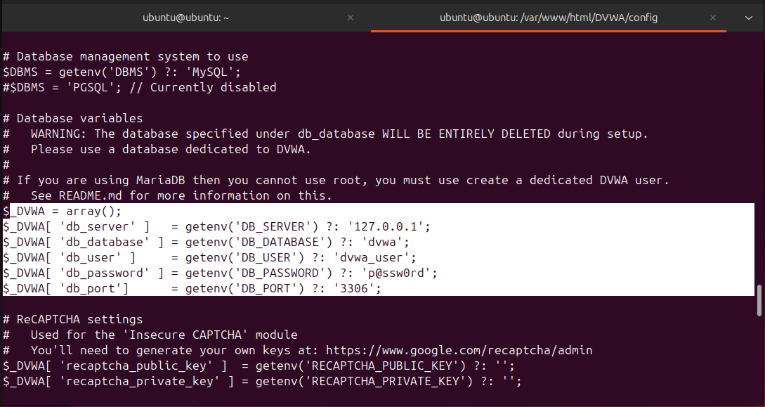 DVWA config.php file